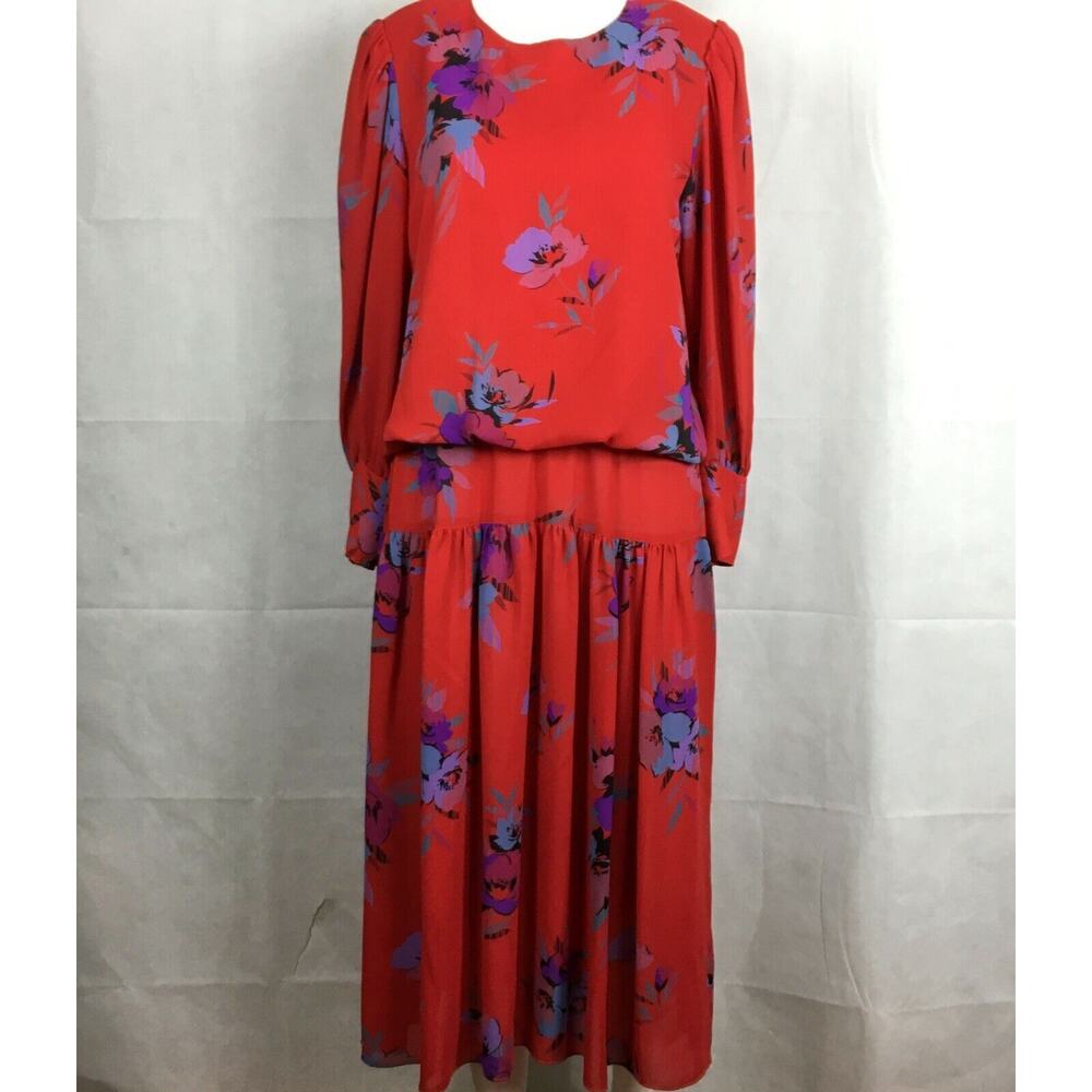 M.M. II Dress Womens Sz 8 Vintage Red Purple Floral Long Sleeve Blouson